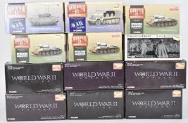 Twelve Corgi 1:50 scale diecast model tanks and similar military vehicles from the World War II