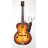 Hofner Senator acoustic guitar with faux ivory and mother of pearl decoration, length 105cm