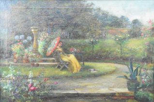 Thomas Kingston (1863-1929) oil on canvas lady in a garden under a parasol, signed lower right, 50 x