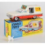 Corgi Toys diecast model Kennel Service Wagon with four dogs, red/white body, sky blue interior,