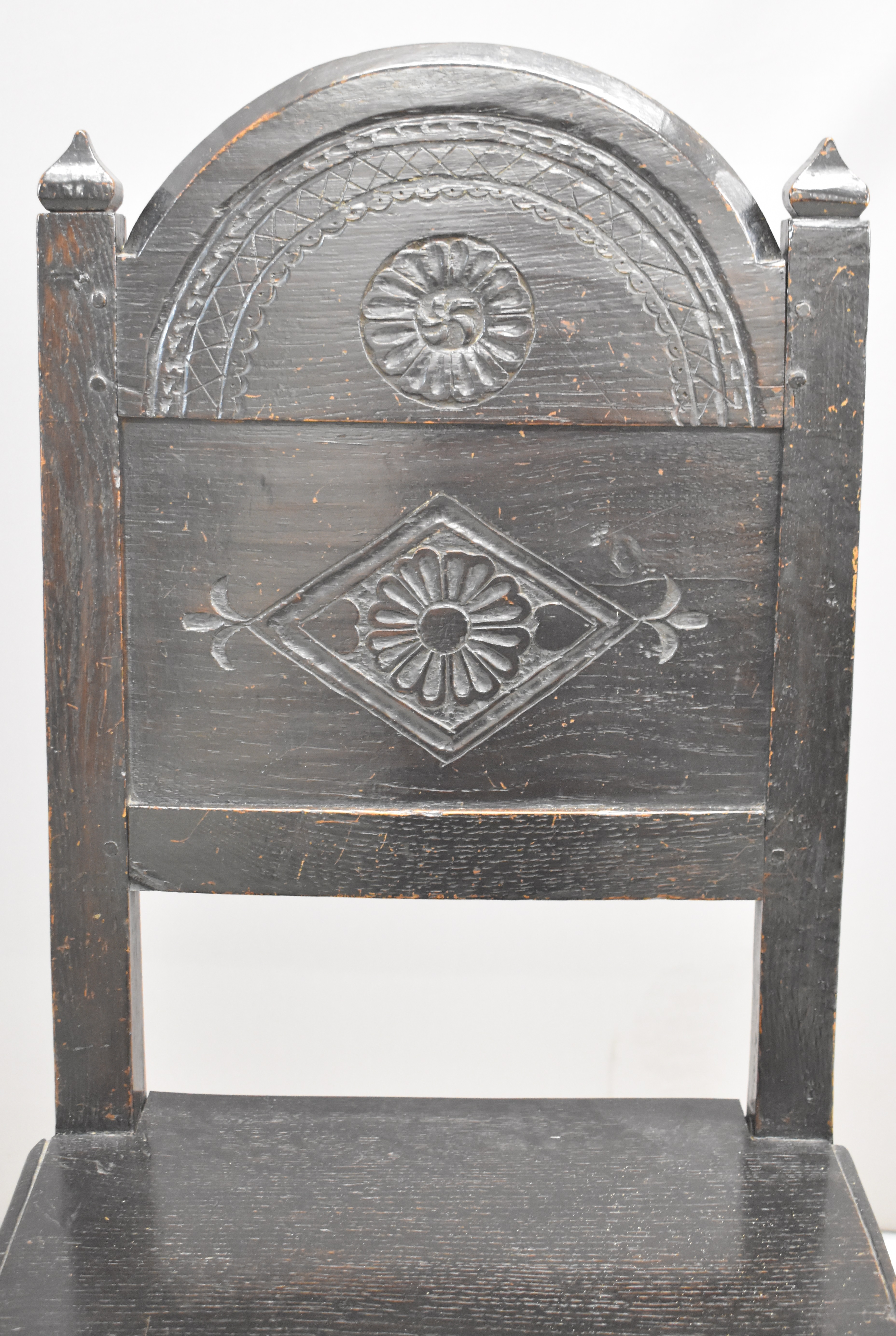 17th / 18thC carved oak peg jointed country chair with plank seat, bobbin strainer and turned - Image 6 of 6