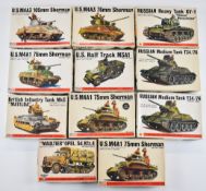 Eleven Bandai 1:48 scale plastic model WW1 military vehicle kits to include US M4A3 105mm Sherman