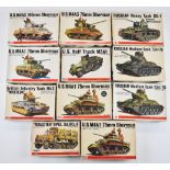 Eleven Bandai 1:48 scale plastic model WW1 military vehicle kits to include US M4A3 105mm Sherman