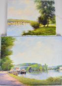 Two Ken B Hancock (Tetbury, Gloucestershire) oil on canvas impressionist likely French river or