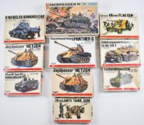 Ten Bandai 1:48 and 1:30 scale WW2 German military vehicles to include JagdPanzer-IV Tank Destroyer,