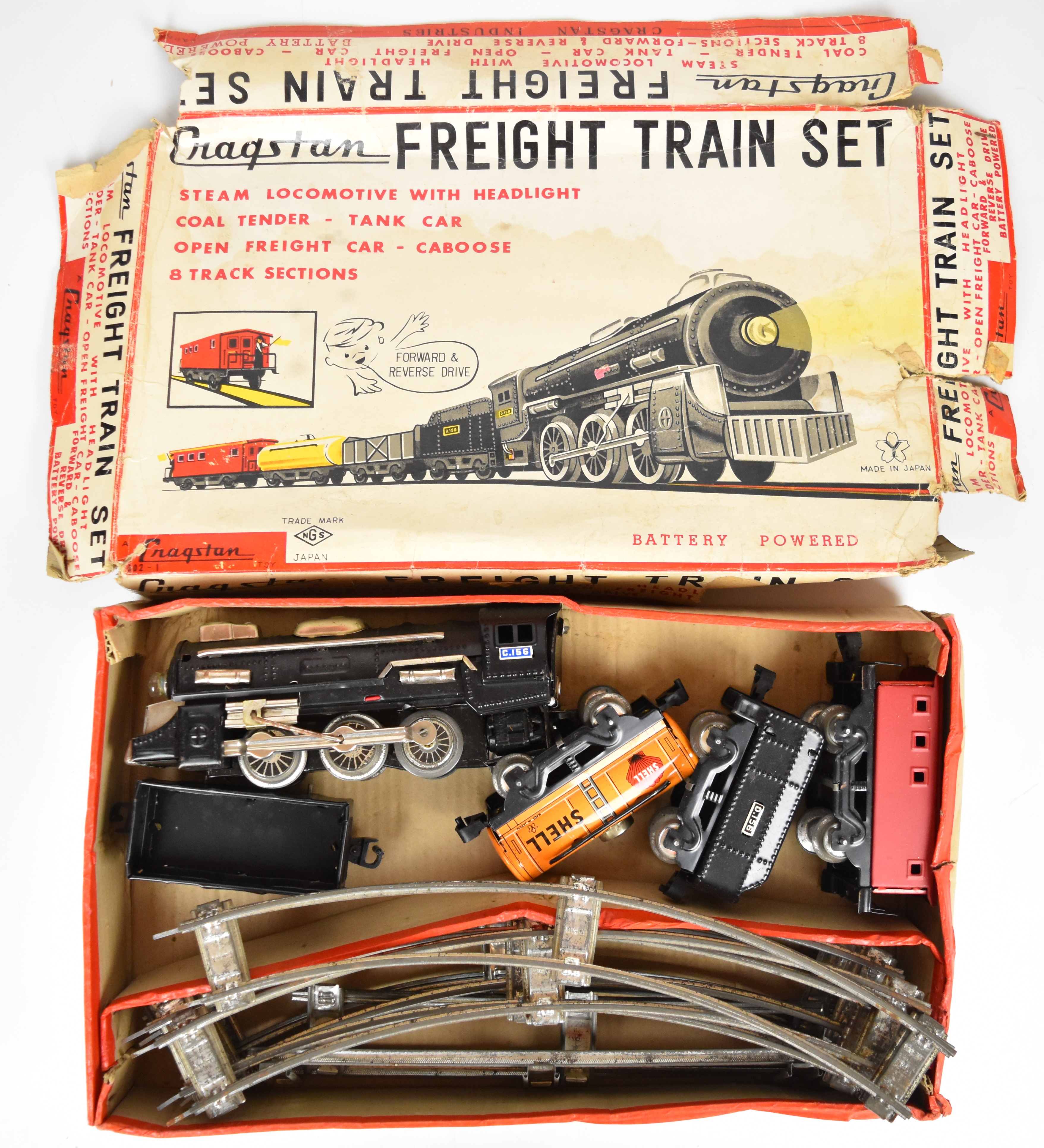 Cragstan battery operated tinplate Freight Train Set by Yoshi Toys (Japan), in original box.