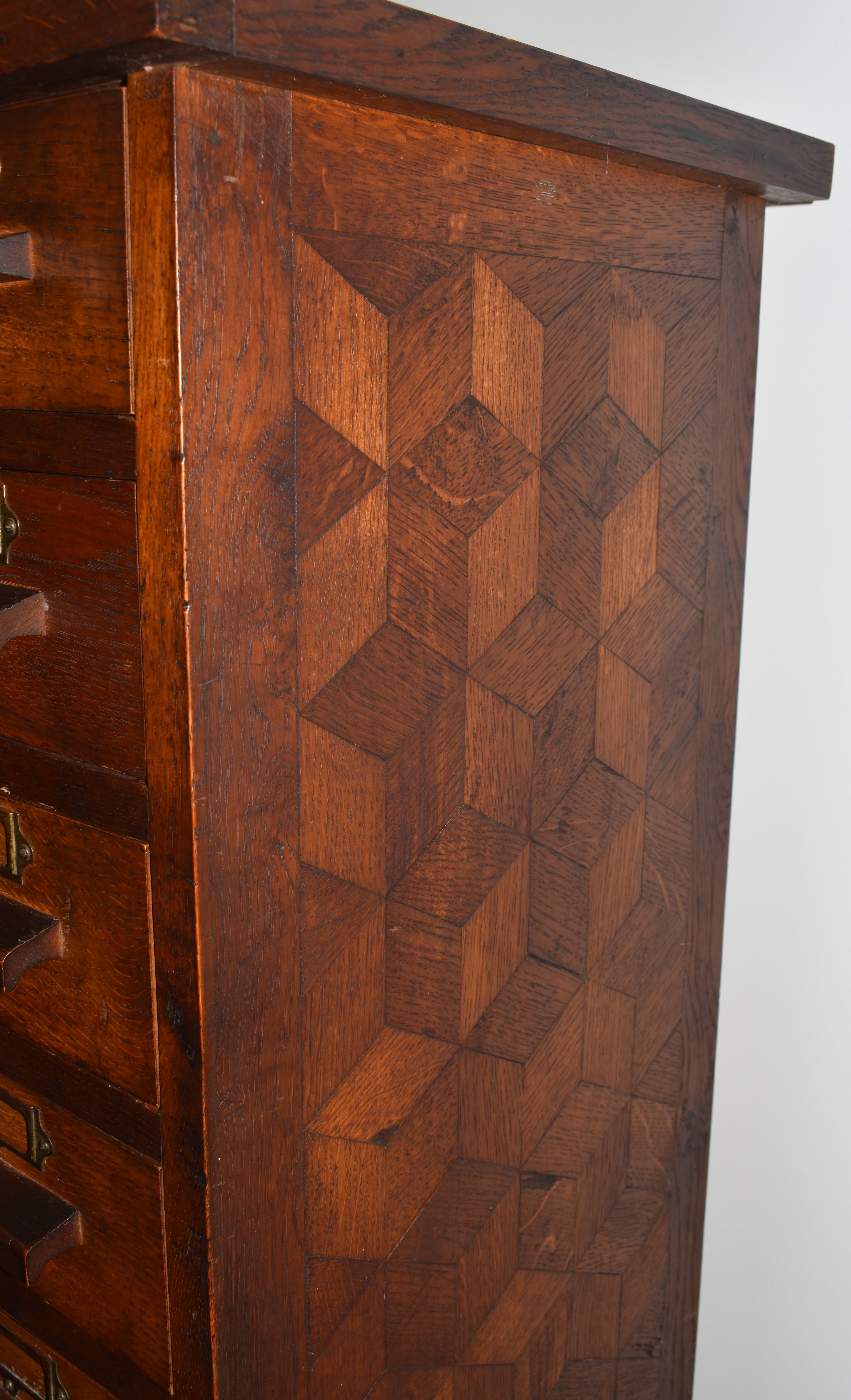Oak collector's chest of eleven drawers with parquetry decoration, W30.5 x D40 x H147cm - Image 5 of 5