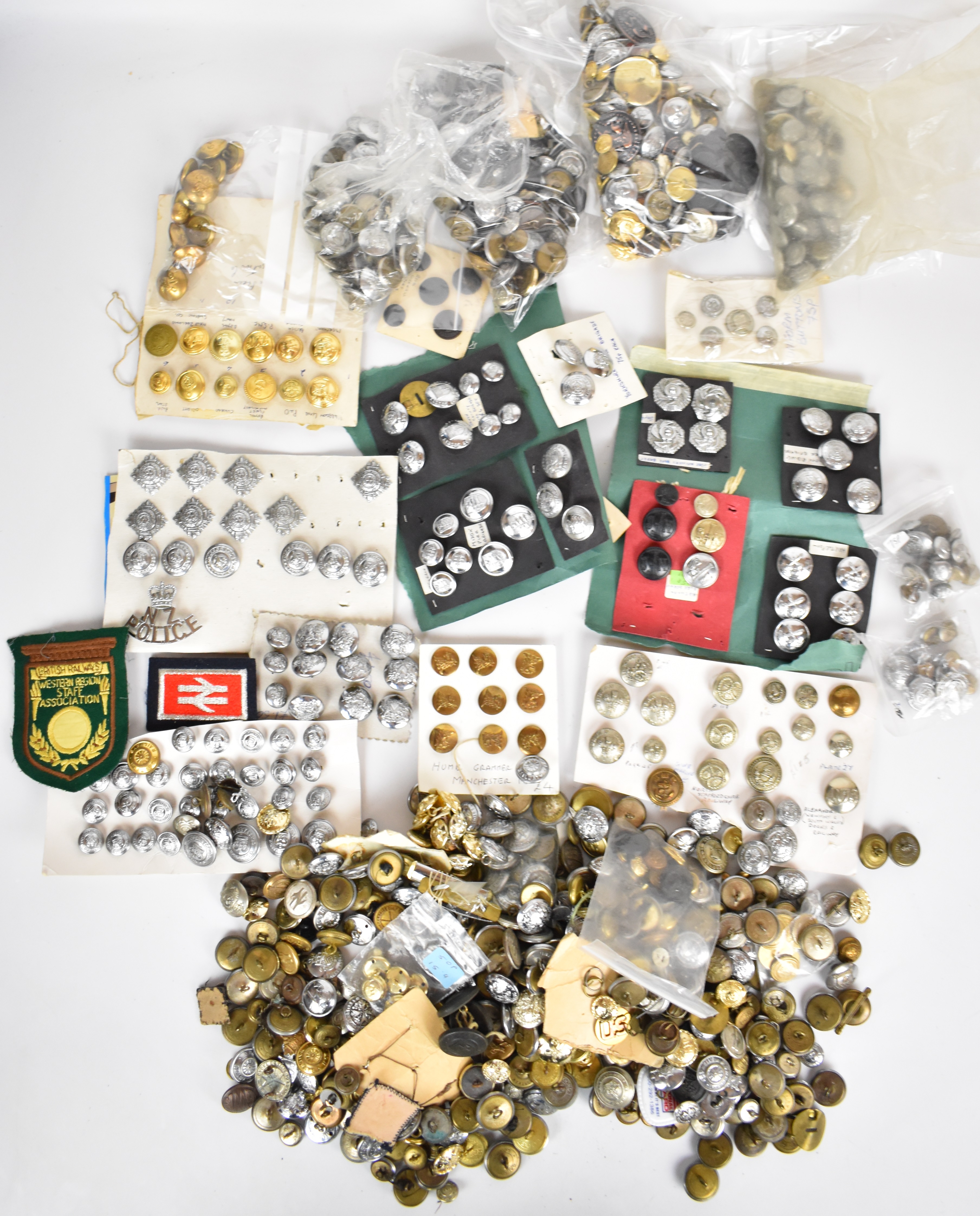 Large collection of buttons including St Johns' Ambulance, Merchants Navy, Police & Fire Brigades,