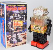 Battery operated tinplate and plastic 'Piston Robot' by SJM (Taiwan), height 28cm, in original box.