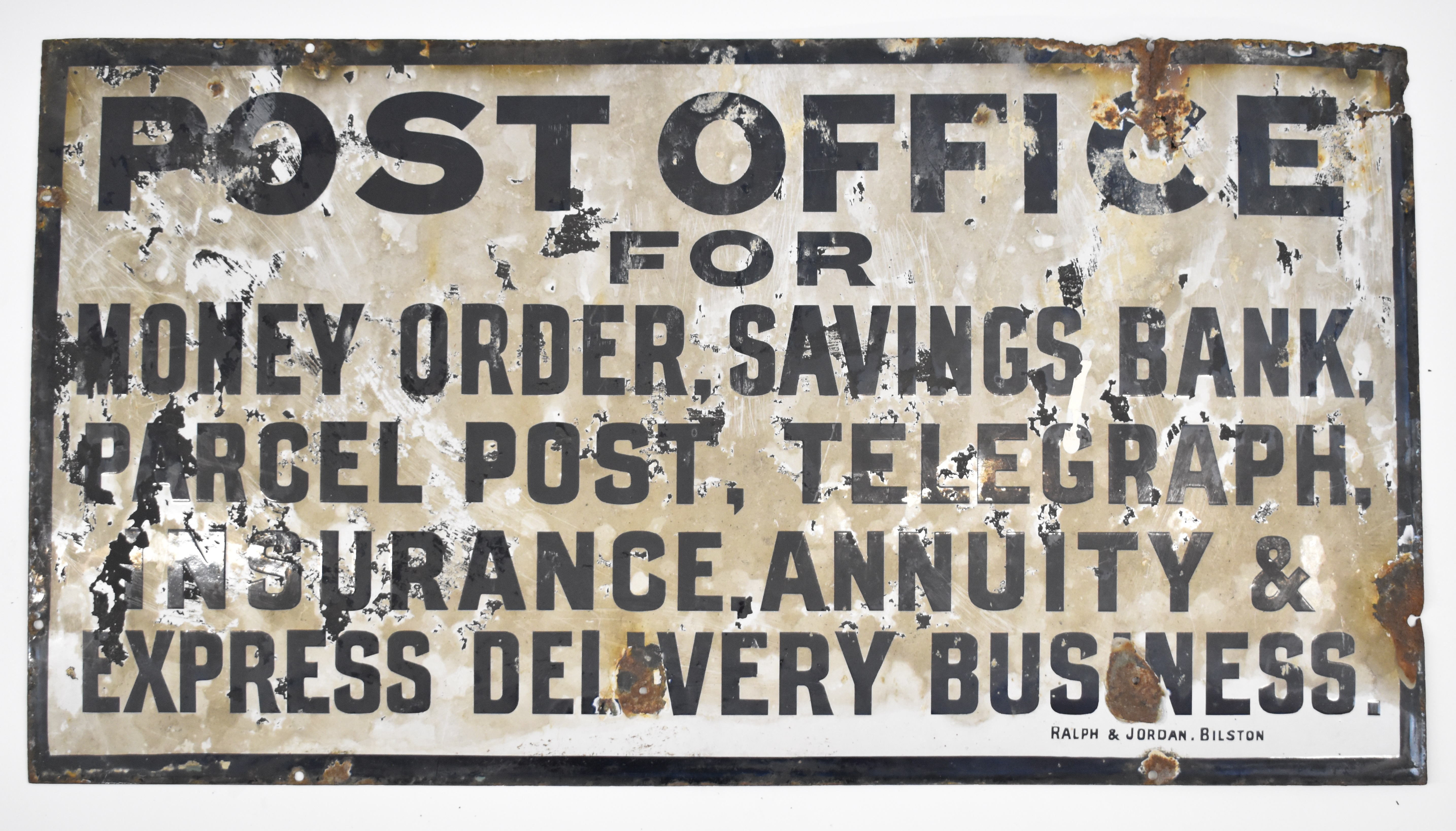 Vintage enamel Post Office advertising sign by Ralph & Jordan, Bilston, 35.5 x 66cm, being sold by