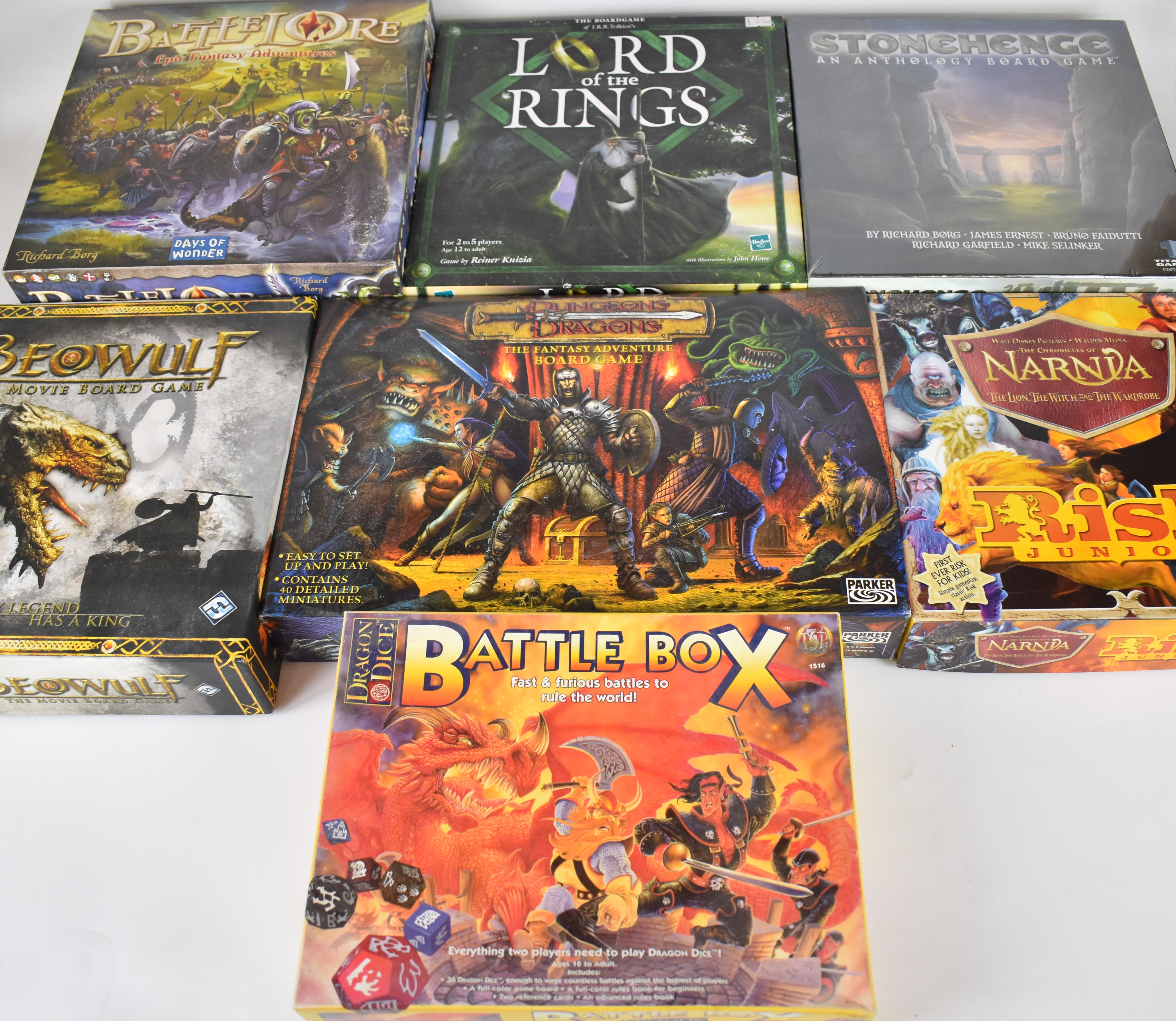 Seven fantasy themed board games comprising Dungeon & Dragons, Stonehenge, Beowulf, Battle Lore,