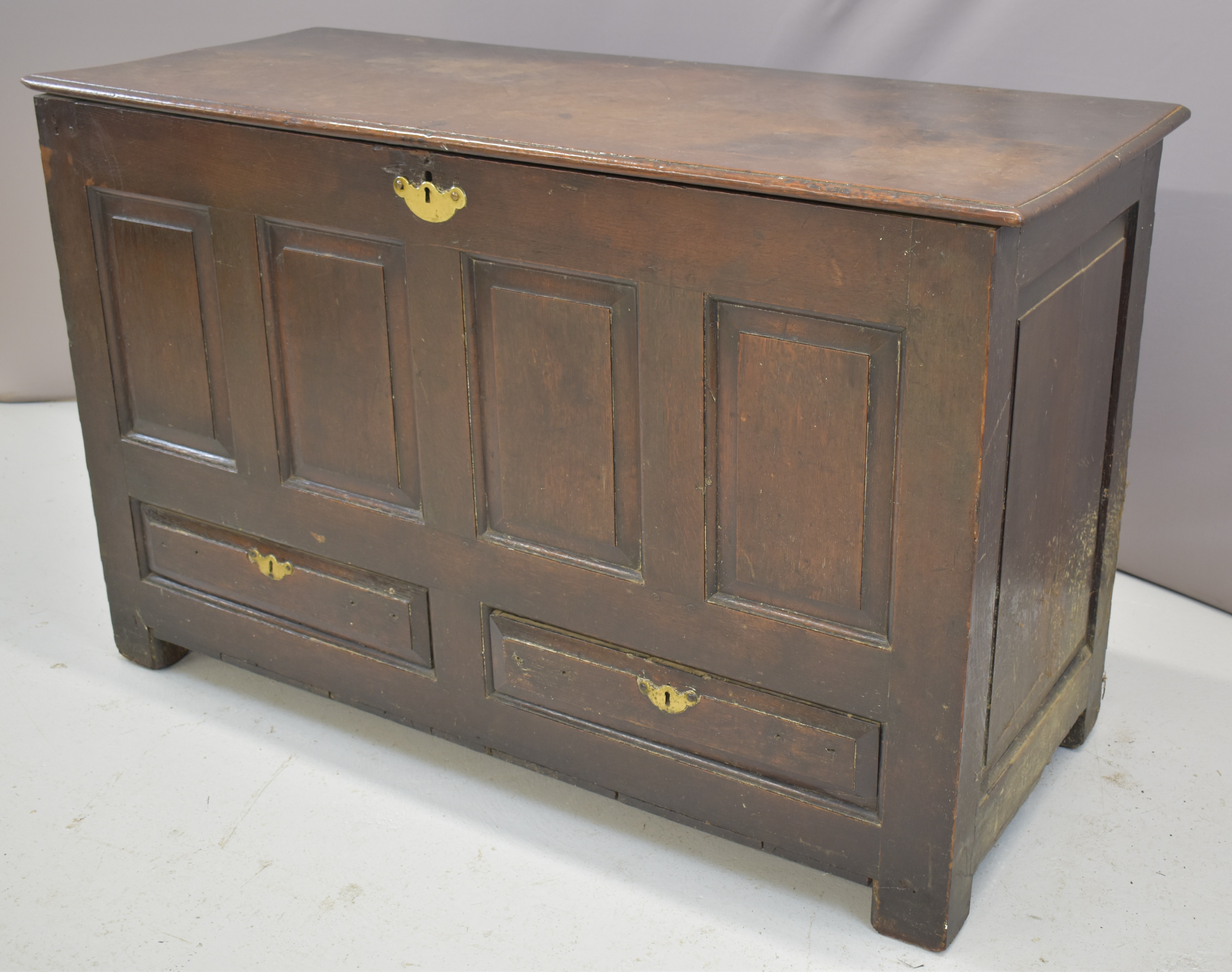 19thC oak panelled trunk with two faux lower drawers, W137 x D57 x H86cm - Image 3 of 7