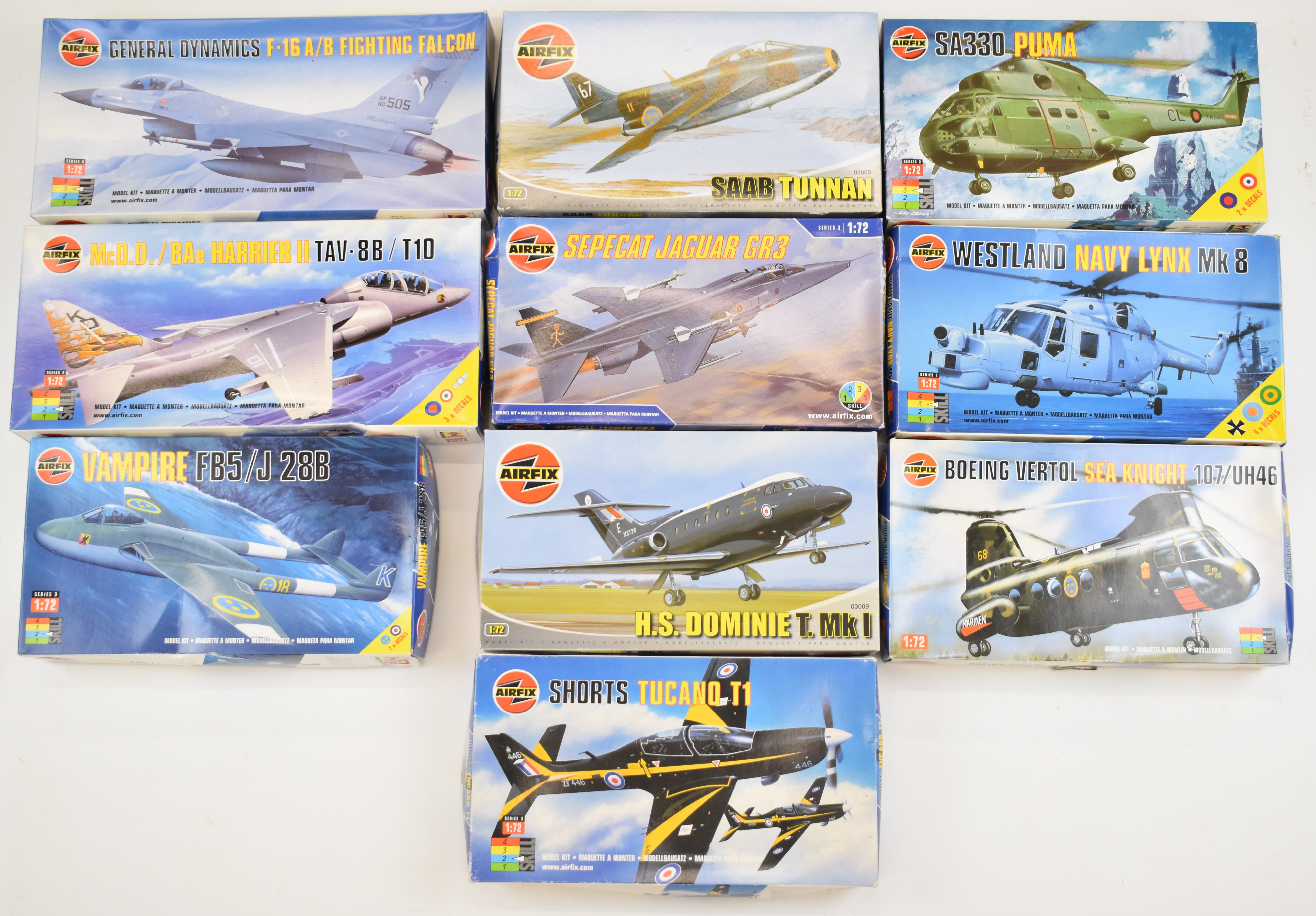 Ten Airfix 1:72 scale plastic model aircraft kits to include Saab Tunnan 03065, Vampire FB5/J 28B