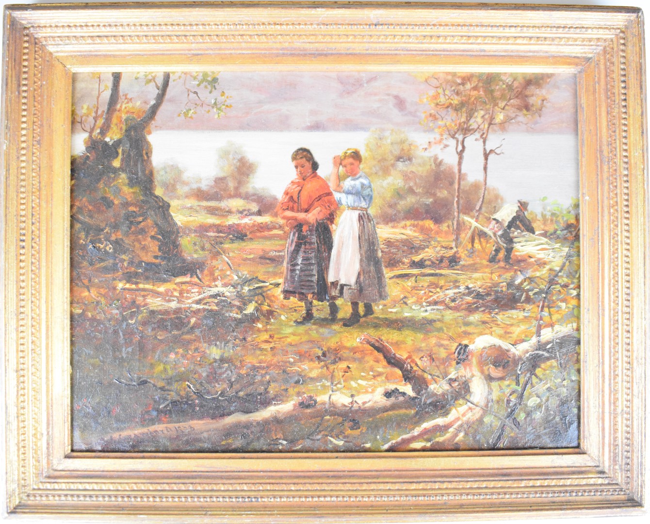 Robert Cree Crawford (1842-1924) oil on canvas girls in a clearing with woodsman beyond, signed - Bild 3 aus 5