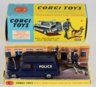 Corgi Toys diecast model BMC Mini  Police Van with blue body, red interior, aerial, silver hubs,