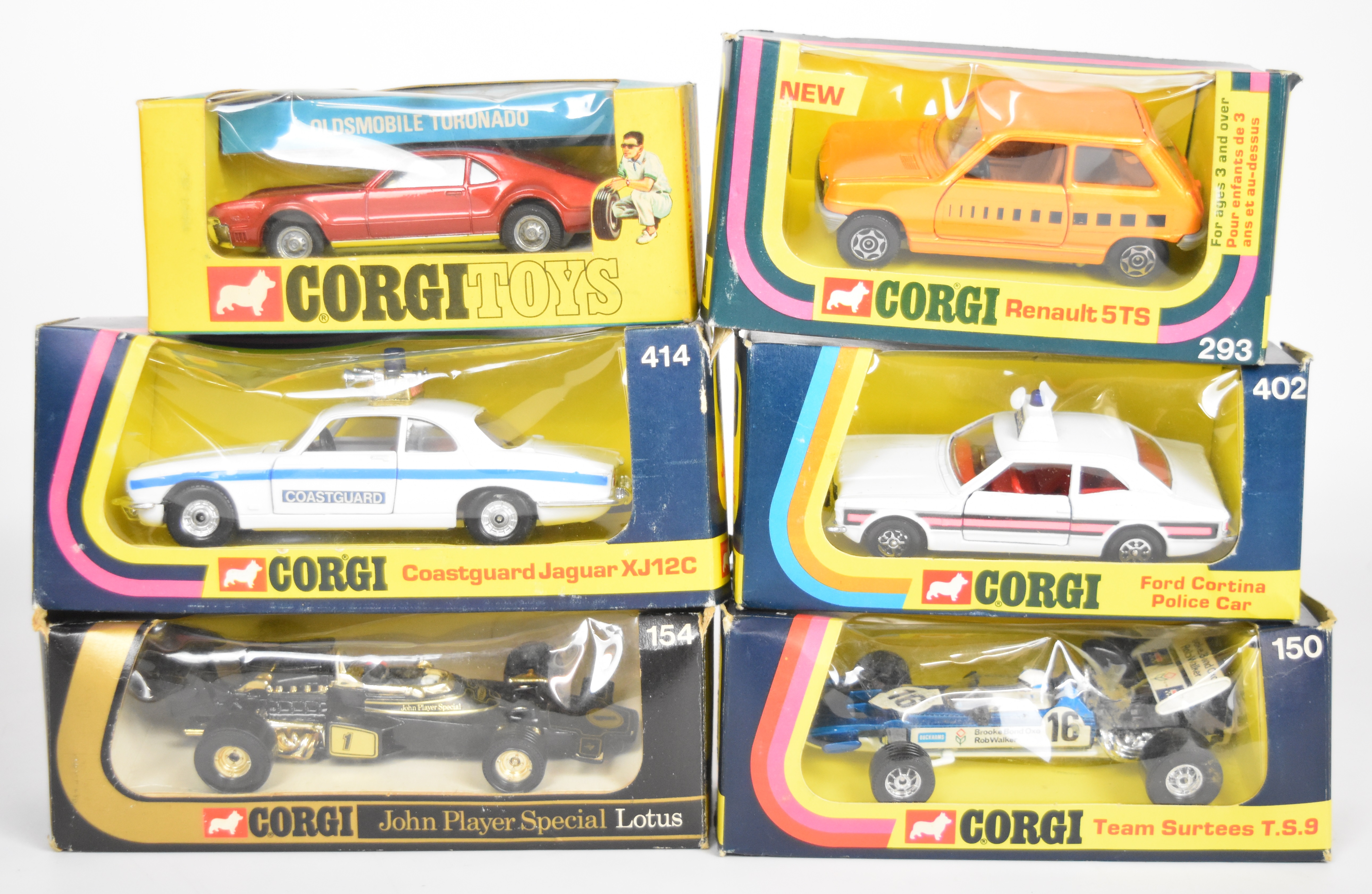 Six vintage Corgi diecast model cars comprising Oldsmobile Tornado 276, Renault 5TS 293, Ford