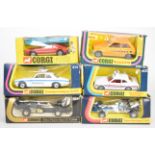 Six vintage Corgi diecast model cars comprising Oldsmobile Tornado 276, Renault 5TS 293, Ford