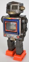 Japanese battery operated tinplate 'Television' robot, likely Horikawa, height 23.5cm.