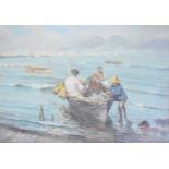 Giuseppe Giardiello (Italian 1877-1920) oil on canvas of four fishermen coming ashore in a boat in