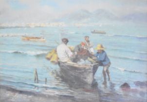 Giuseppe Giardiello (Italian 1877-1920) oil on canvas of four fishermen coming ashore in a boat in