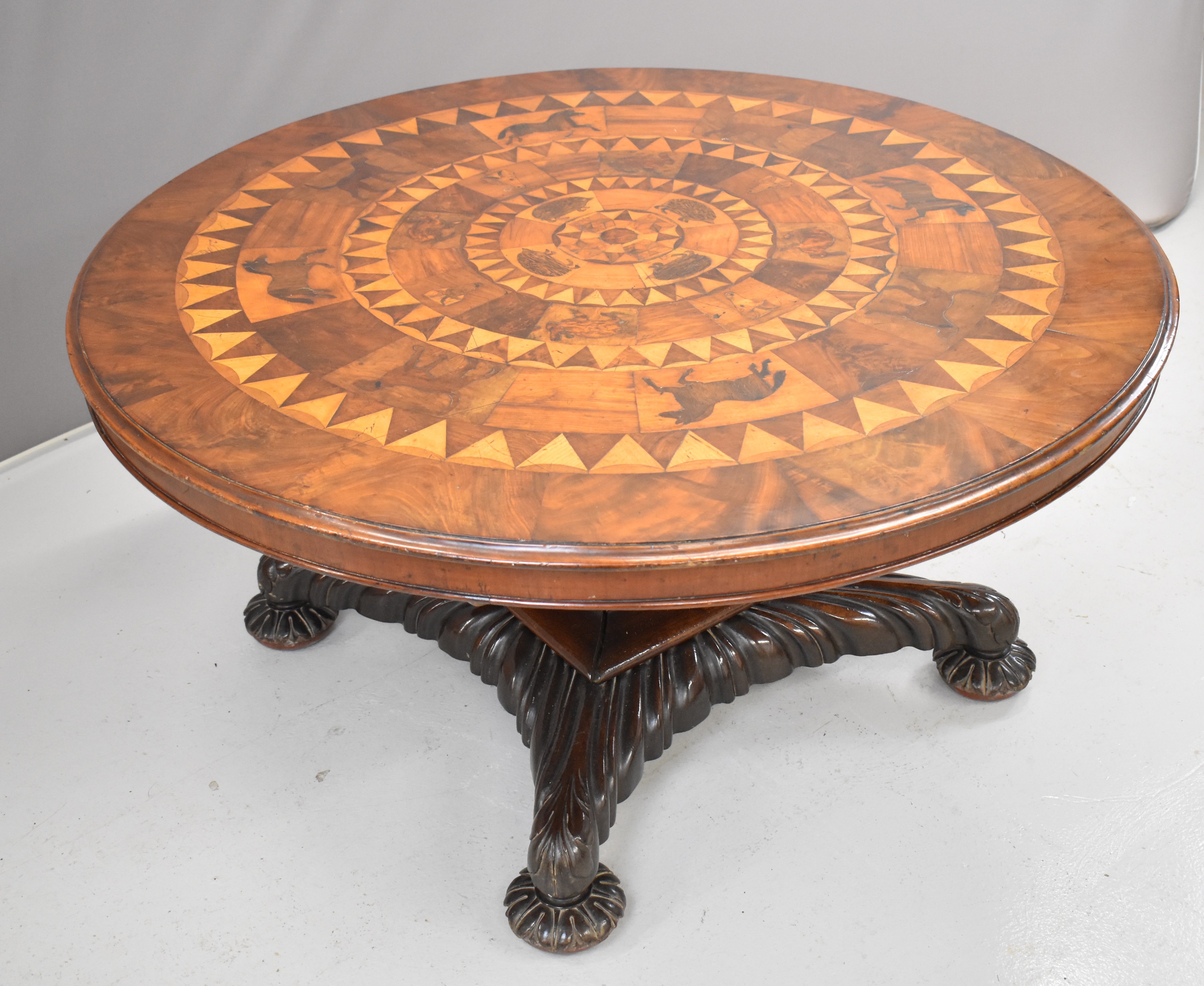 19thC parquetry and marquetry fruitwood, mahogany and specimen wood hall table with inlaid animals - Image 3 of 6