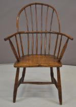 19thC elm seated Windsor armchair with bow back spindles and armrests