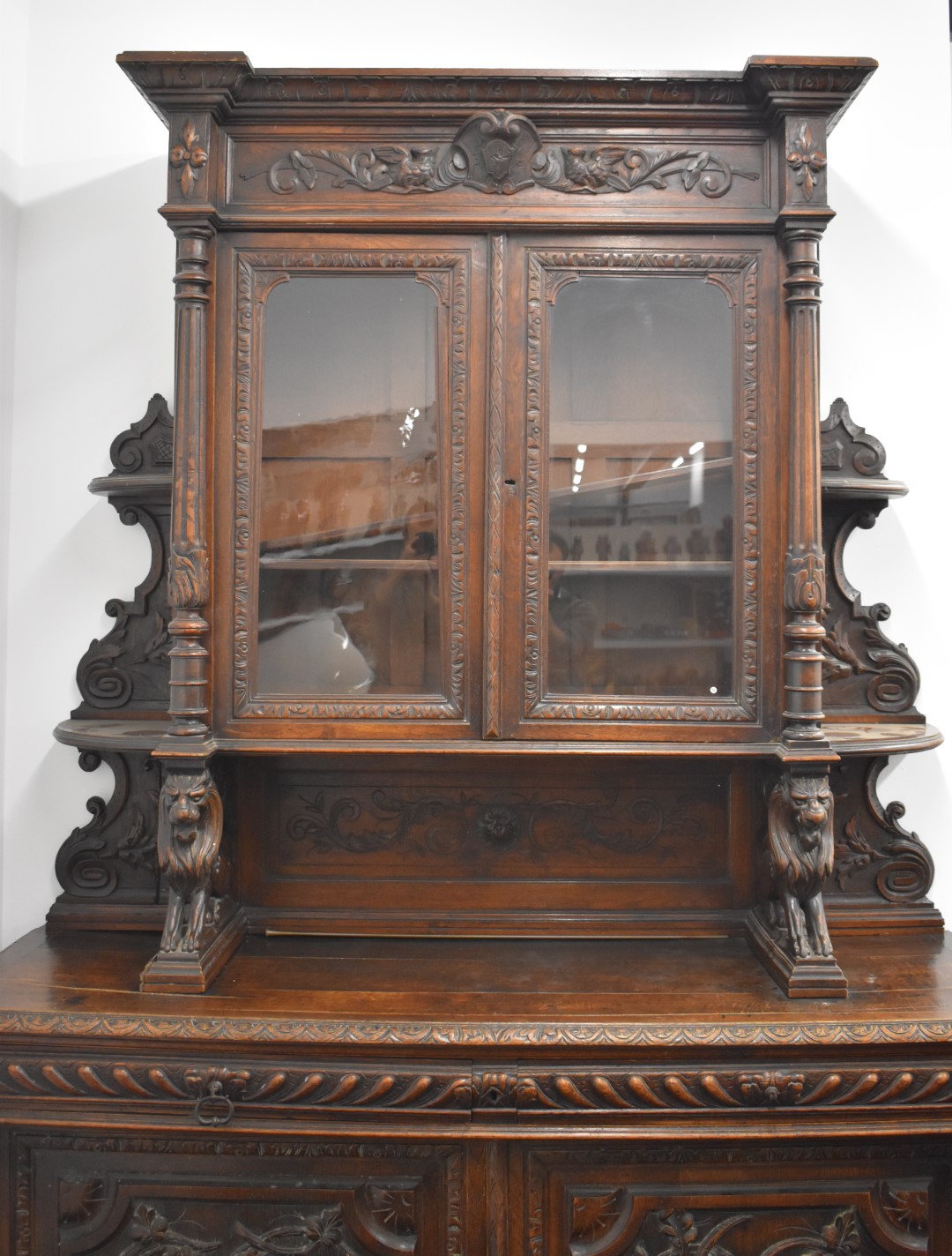 Victorian breakfront carved oak glazed bookcase over two drawers and twin cupboard with hunting - Image 3 of 8