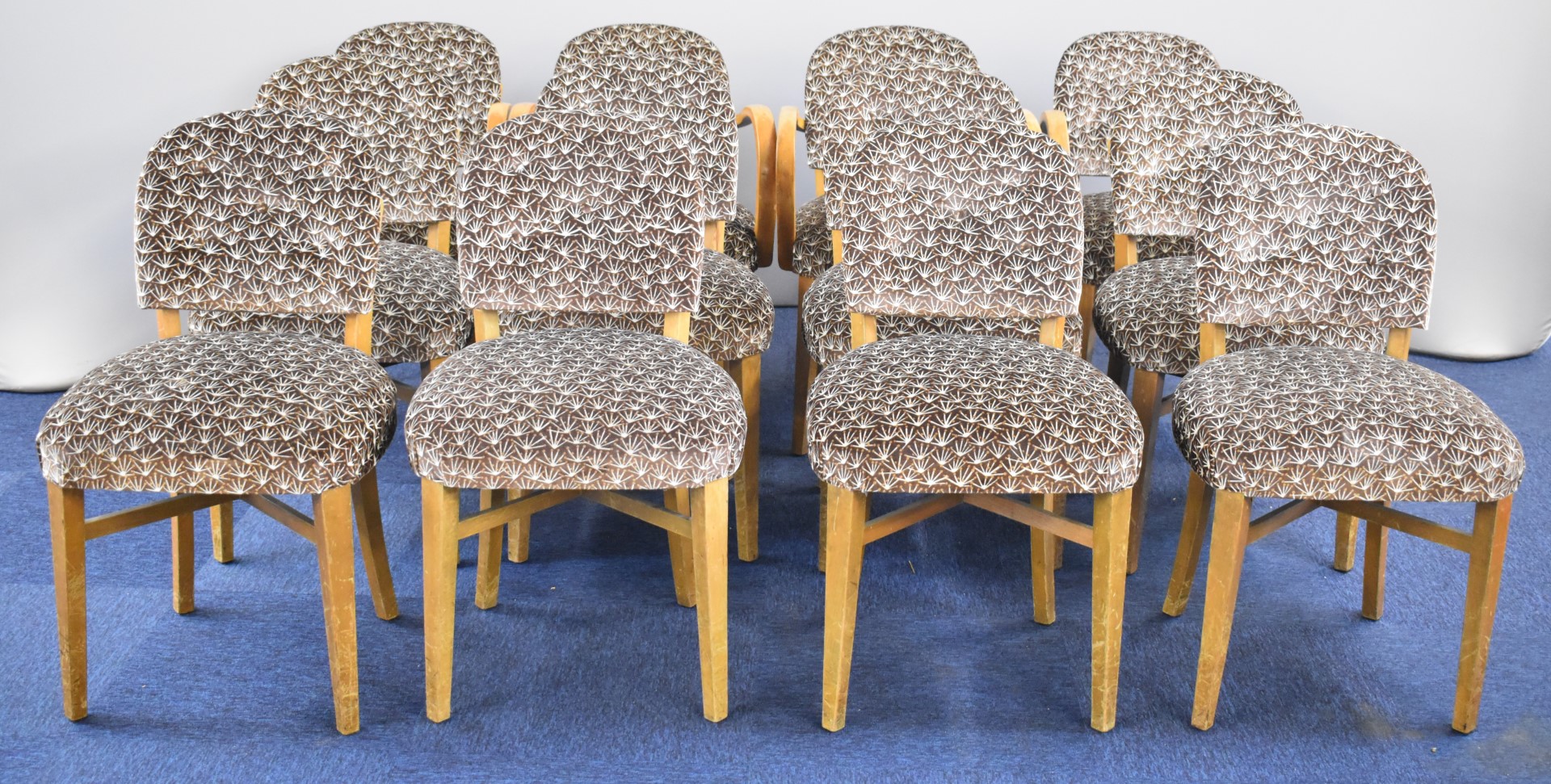 Set of 12 (4+8) Hands of Wycombe retro or Art Deco dining chairs, named to underside of stretchers