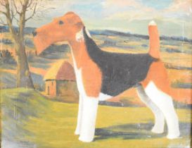 George William Bissill (1896-1973) oil on canvas study of a Fox Terrier with landscape beyond,