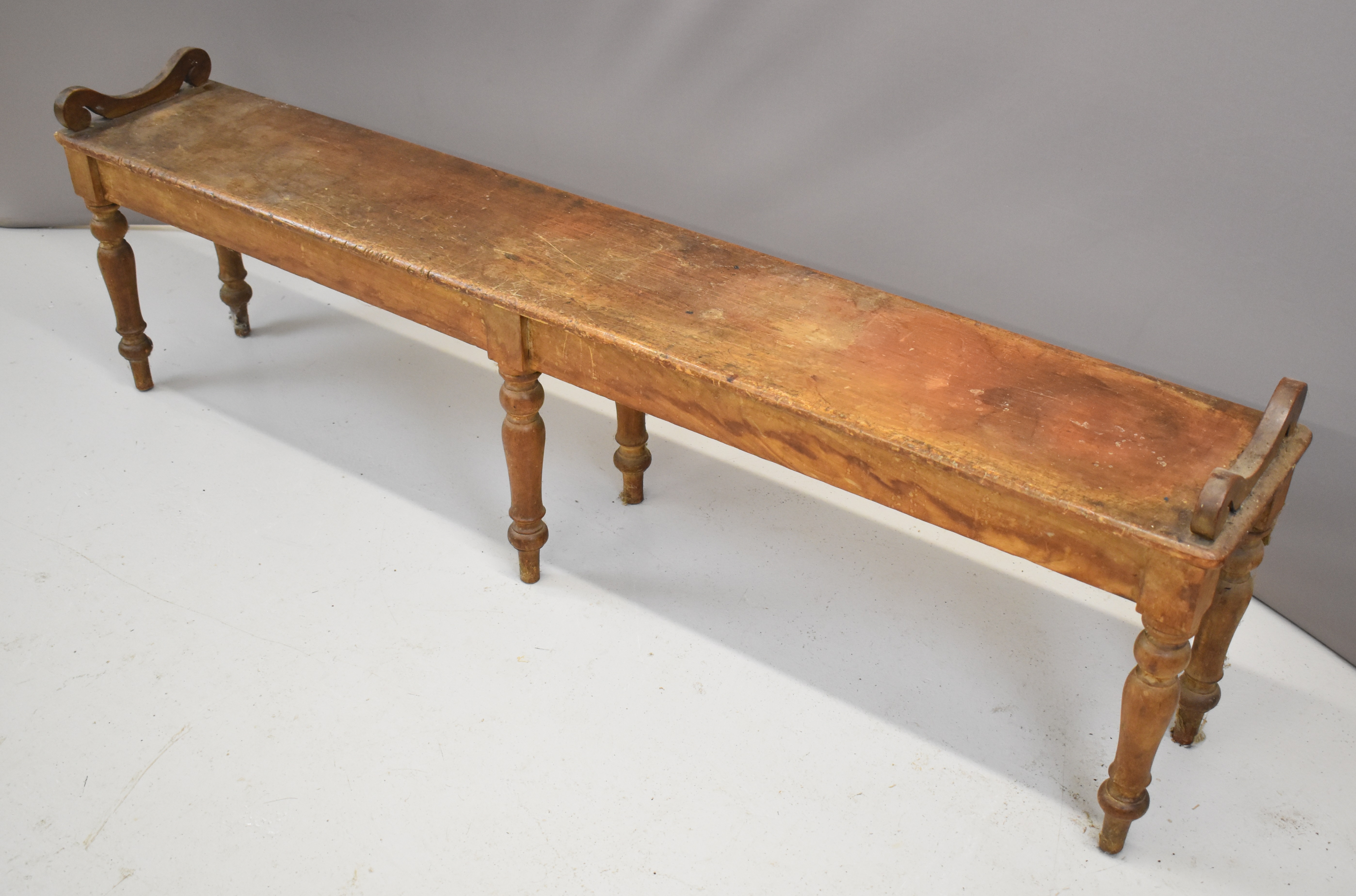 19thC ash window seat or low bench with scroll ends, raised on six turned legs, W193 x D30 x H46cm - Bild 3 aus 4