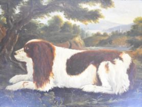 Harvey Marsh (19thC English School) naive oil on board with canvas backing of a recumbent spaniel