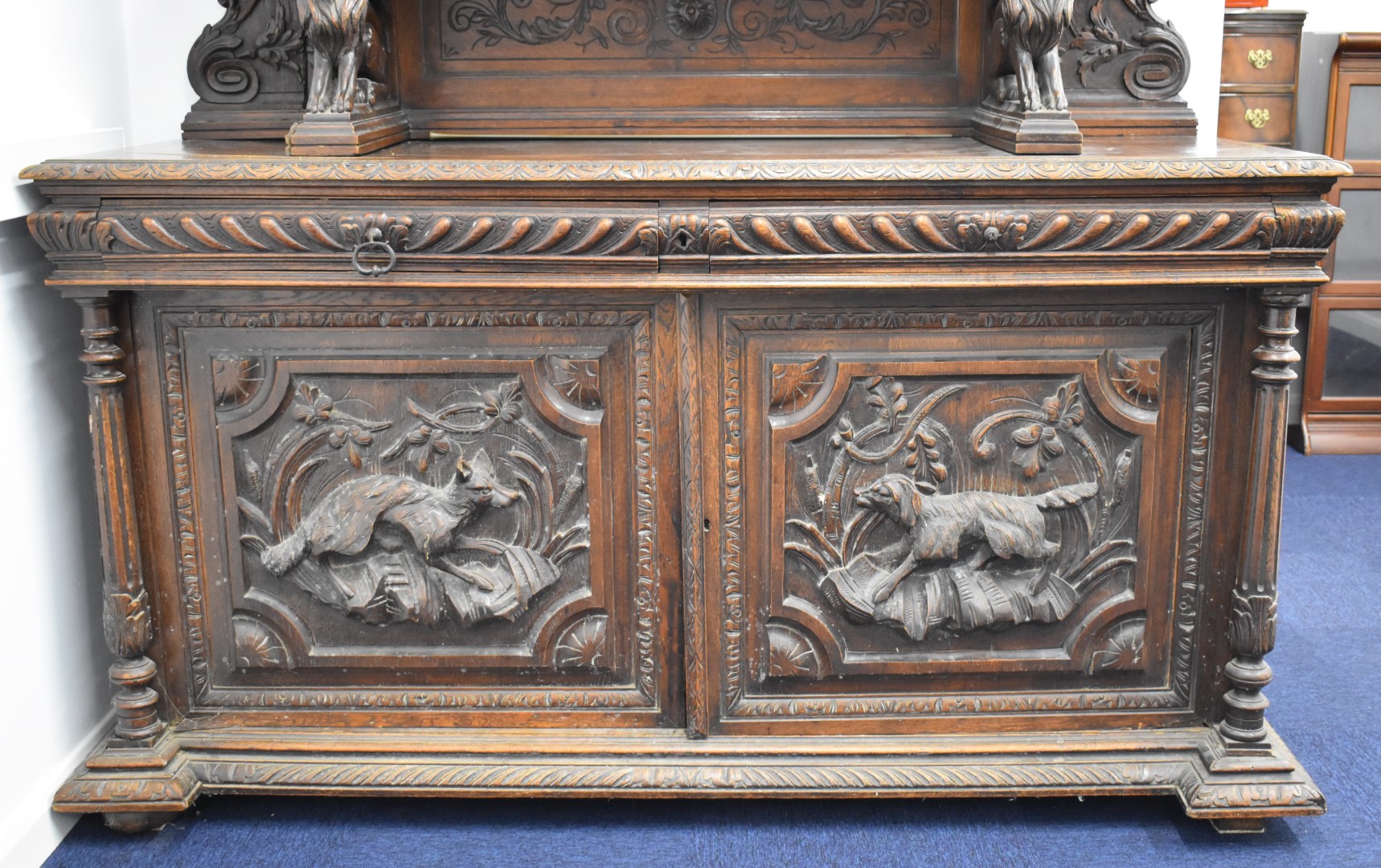 Victorian breakfront carved oak glazed bookcase over two drawers and twin cupboard with hunting - Image 2 of 8