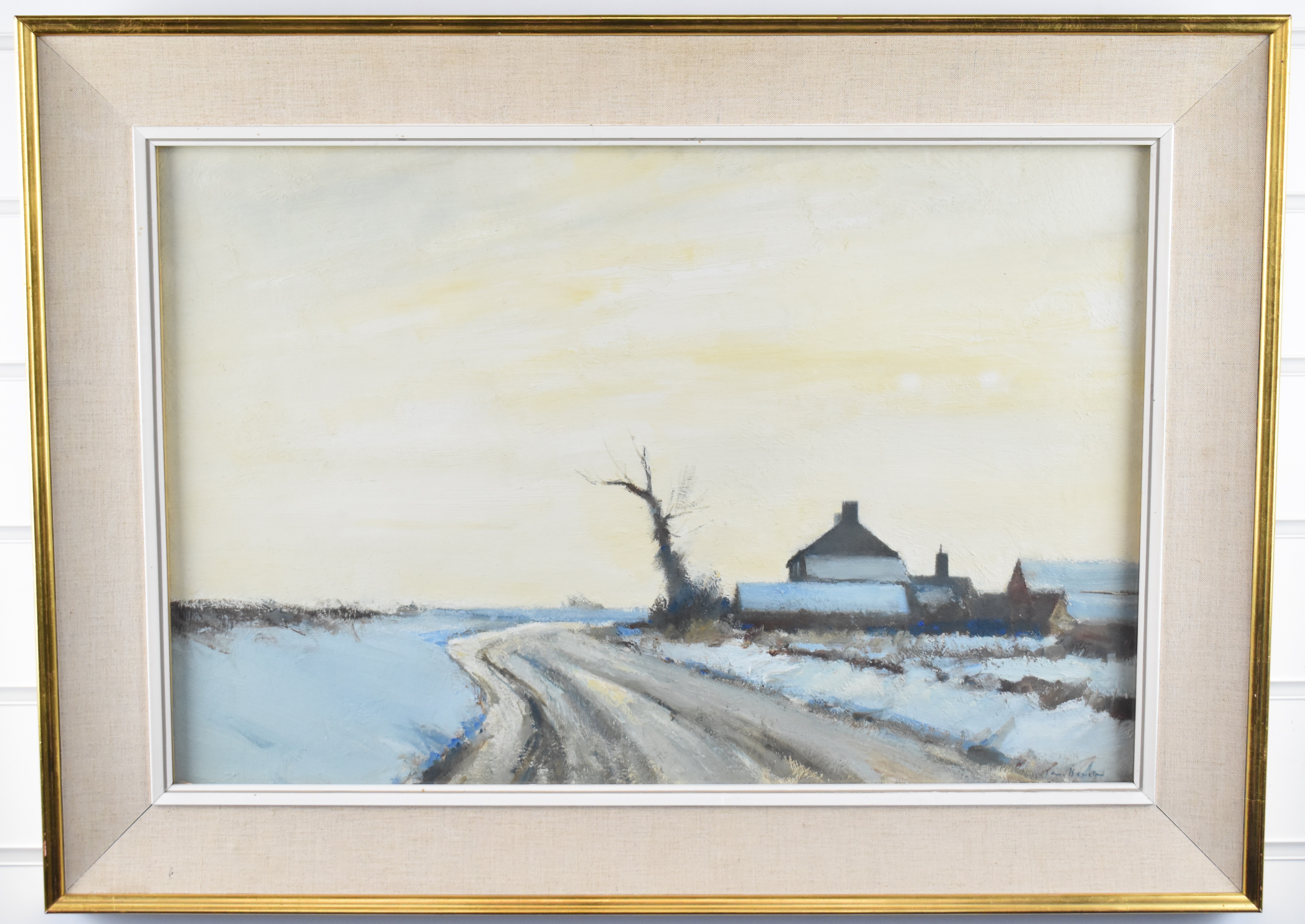 Ian Houston (1934-2021) oil on canvas likely Norfolk winter landscape with farm beside a track, - Bild 2 aus 4