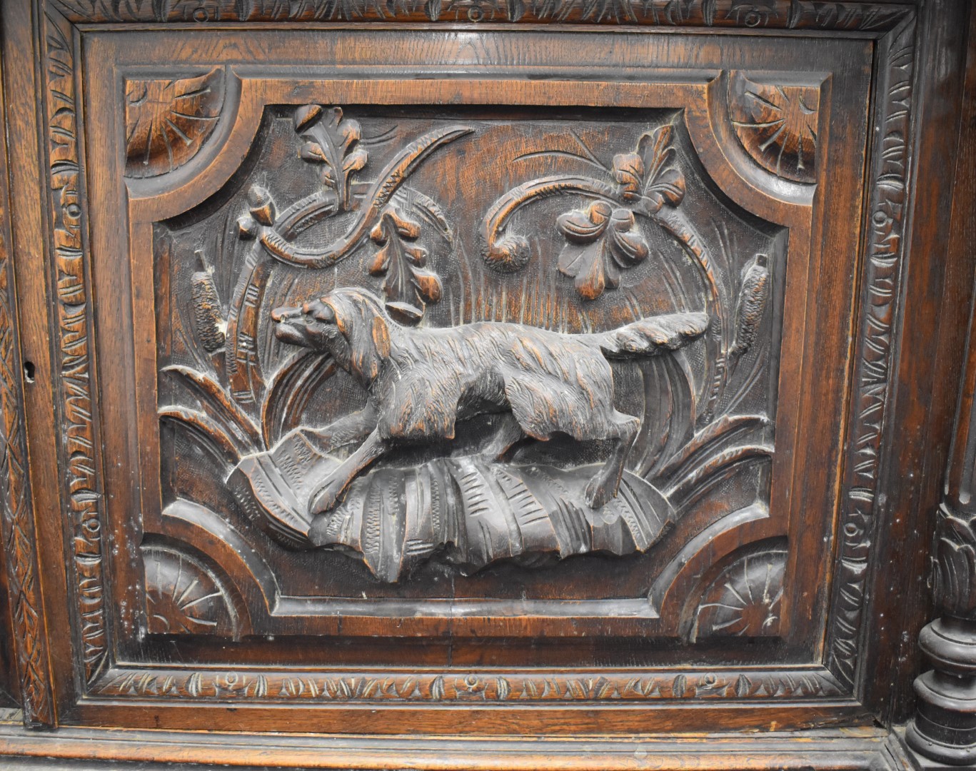 Victorian breakfront carved oak glazed bookcase over two drawers and twin cupboard with hunting - Image 5 of 8