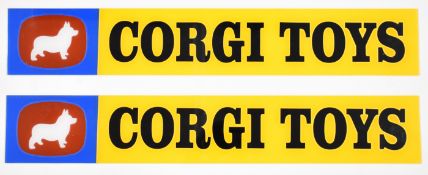 Two Corgi Toys acrylic shop display / advertising signs, 10 x 62cm