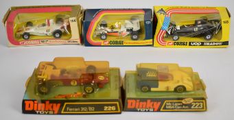 Five vintage diecast model F1 and similar racing cars comprising Corgi UOP Shadow 155, Graham Hill's