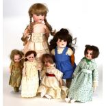 Six German bisque headed dolls including Armand Marseille and Heubach Koppelsdorf, tallest 48cm.