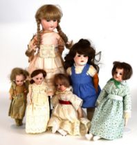 Six German bisque headed dolls including Armand Marseille and Heubach Koppelsdorf, tallest 48cm.