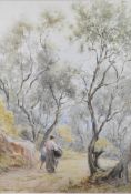 Arthur Burrington (1856-1924) watercolour forest landscape 'L'Autumne', figures walking in an