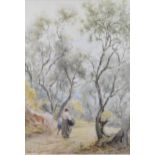 Arthur Burrington (1856-1924) watercolour forest landscape 'L'Autumne', figures walking in an