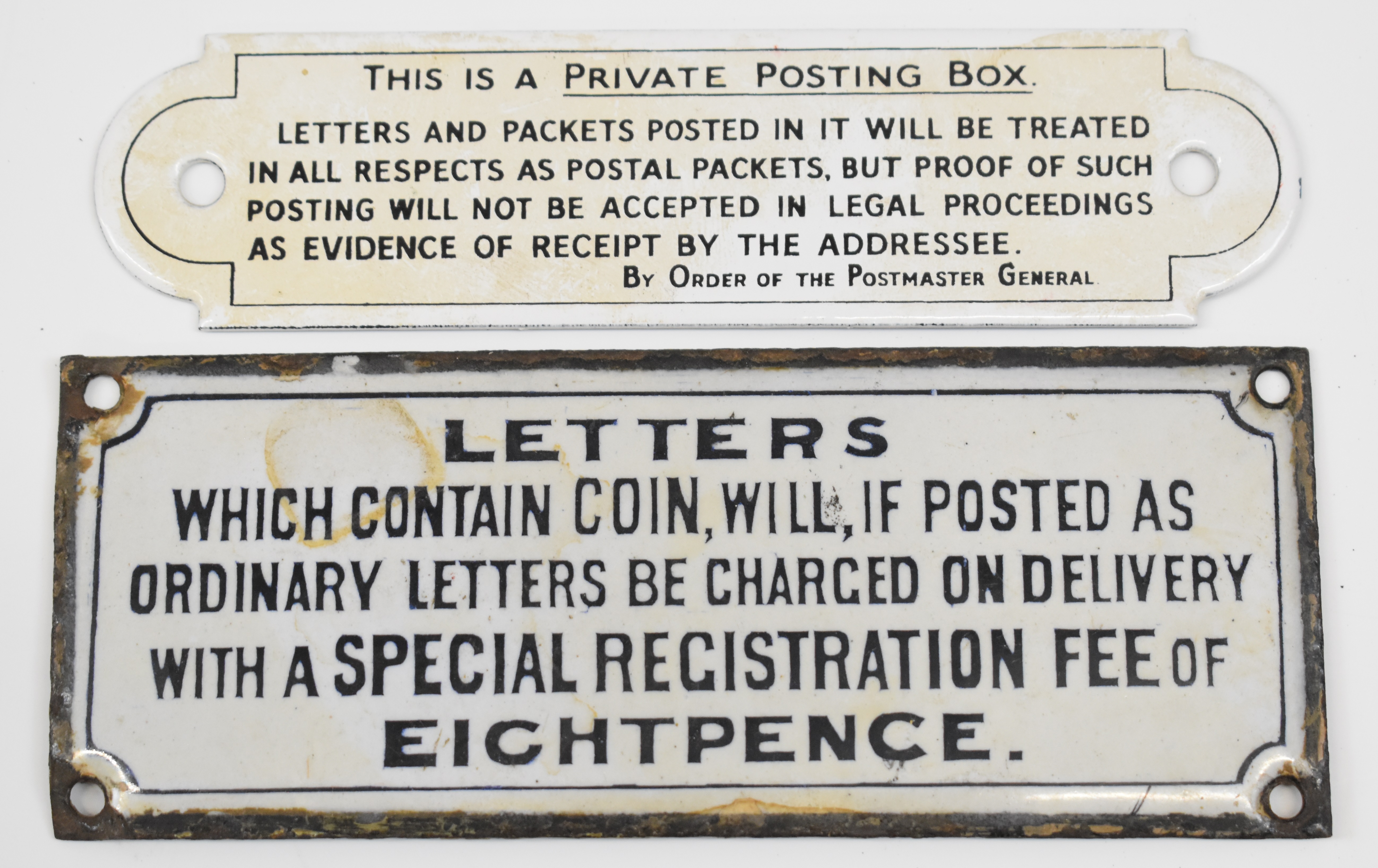 Two vintage enamel Post Office interest signs comprising private post box and letters containing