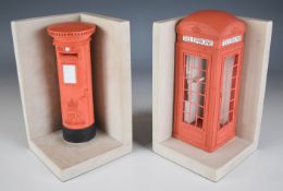 Pair of Timothy Richards novelty bookends formed as a post box and a telephone box, tallest 18cm