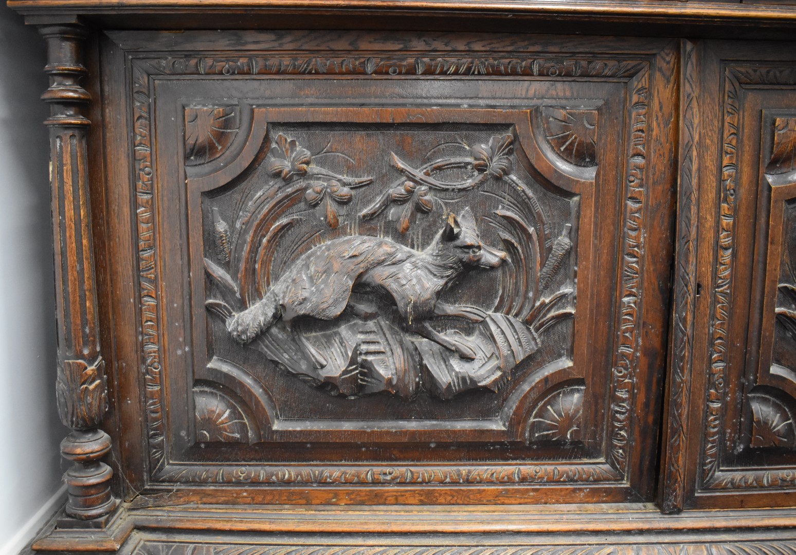 Victorian breakfront carved oak glazed bookcase over two drawers and twin cupboard with hunting - Image 6 of 8