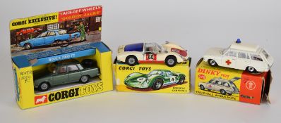 Three vintage diecast model cars comprising Corgi Rover 200TC 275, Porsche Carrera 6 330 and Dinky