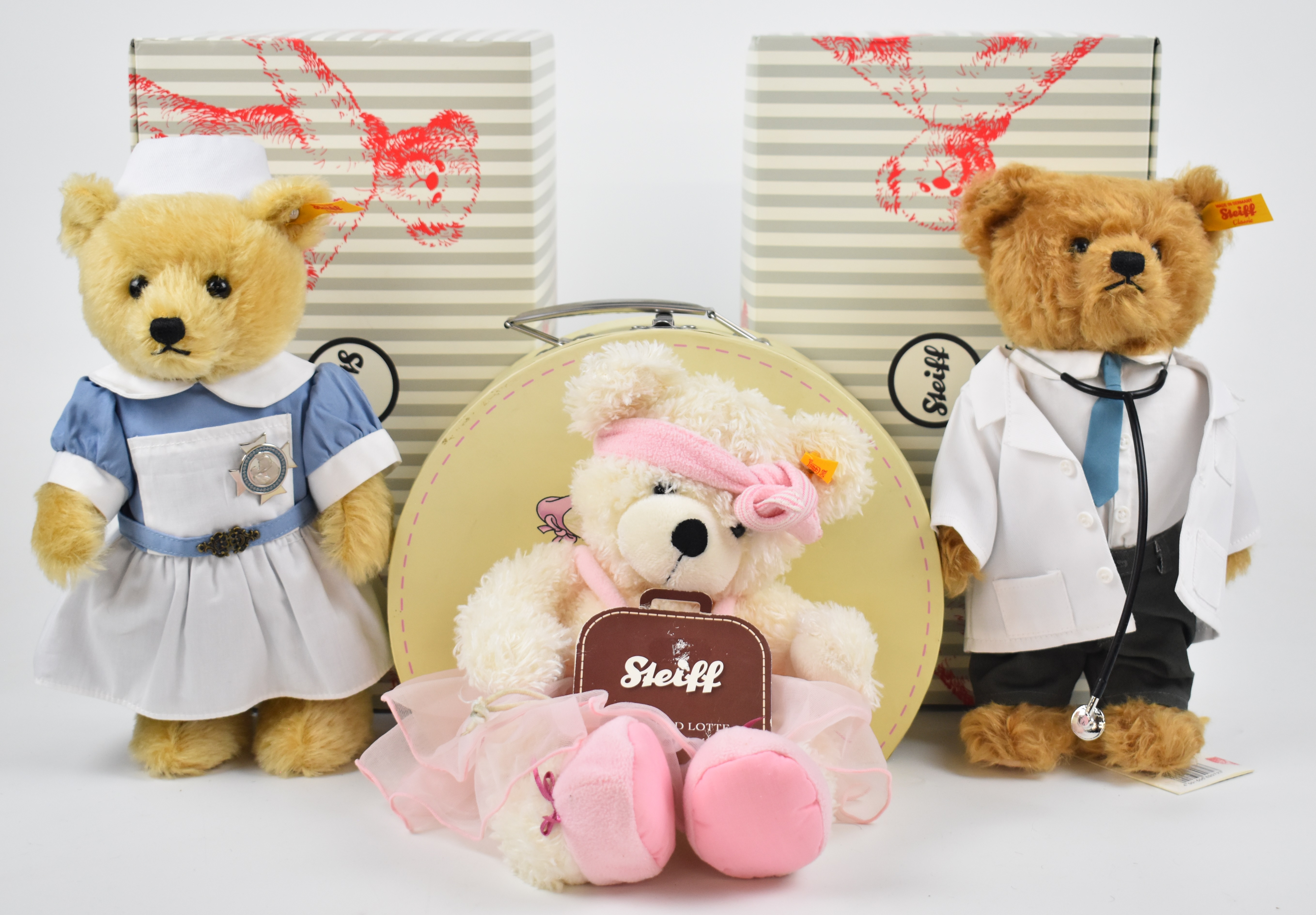 Three Steiff Teddy bears comprising Nurse 690471, Doctor 690723 and Ballerina 111914,tallest 28cm,