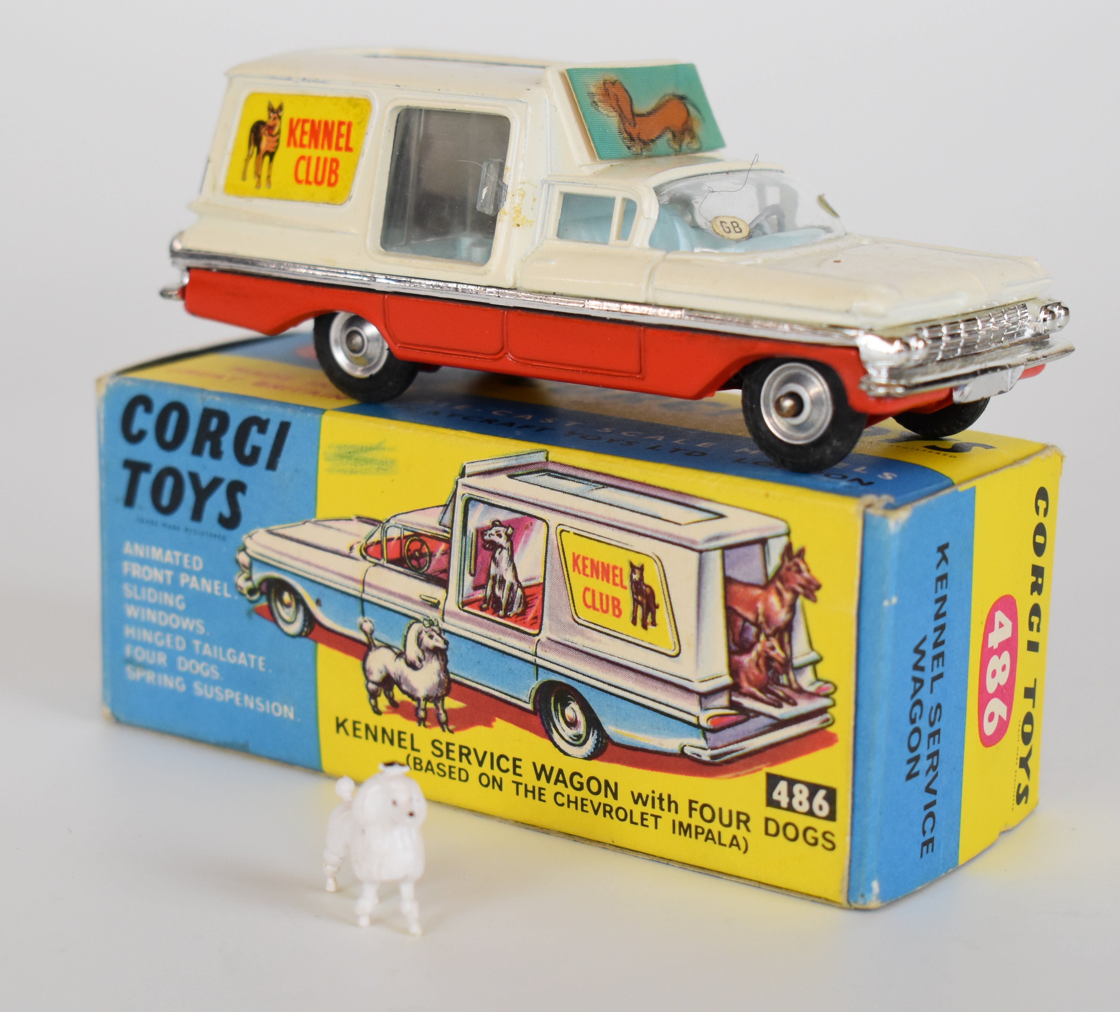 Corgi Toys diecast model Kennel Service Wagon with four dogs, red/white body, sky blue interior, - Image 2 of 2