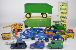 A small collection of  Dinky, Matchbox and Ertl cars, planes and farm vehicles to include vintage