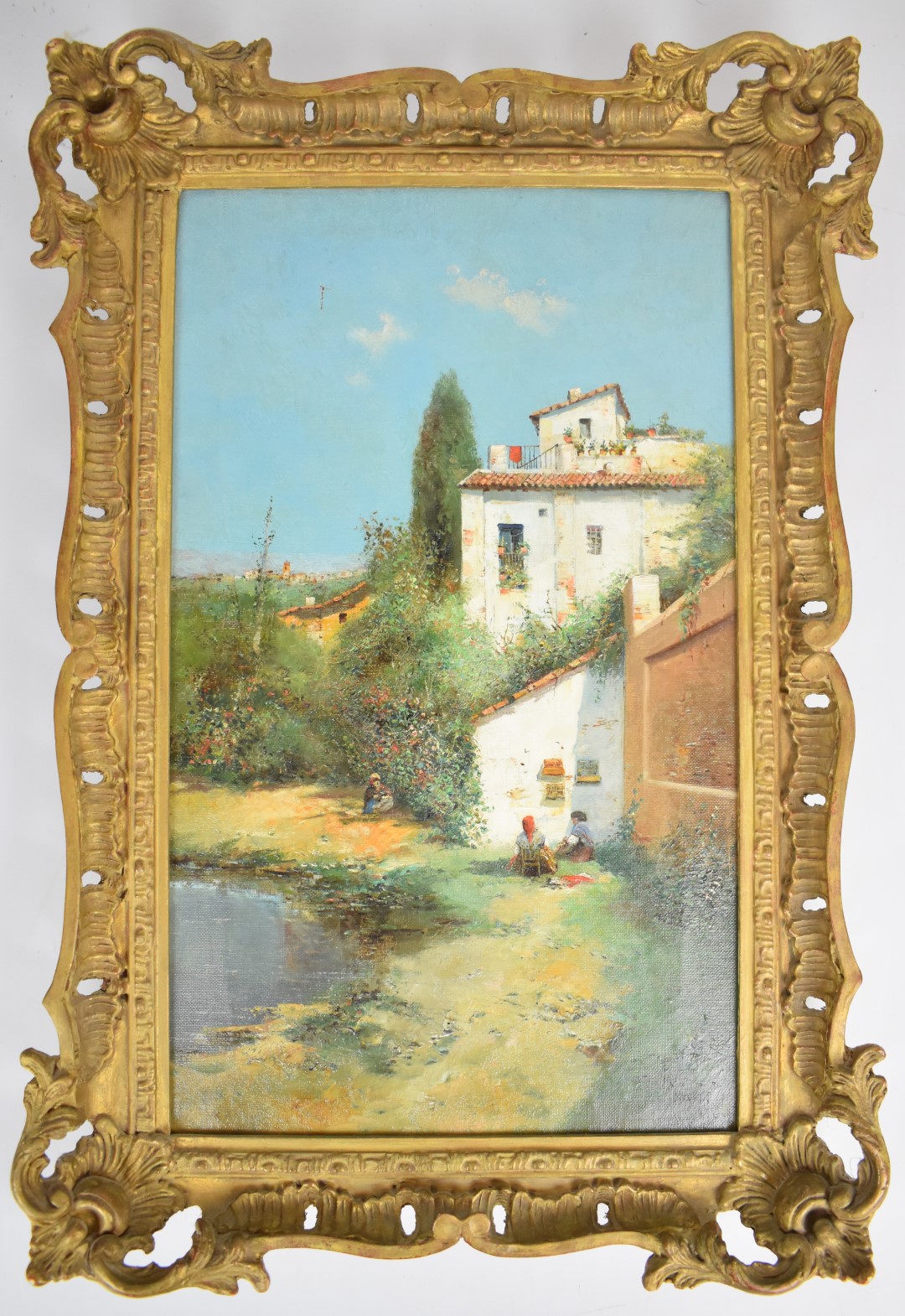 Late 19th or early 20thC Continental school oil on canvas possibly Spanish townscape, buildings with - Image 2 of 4