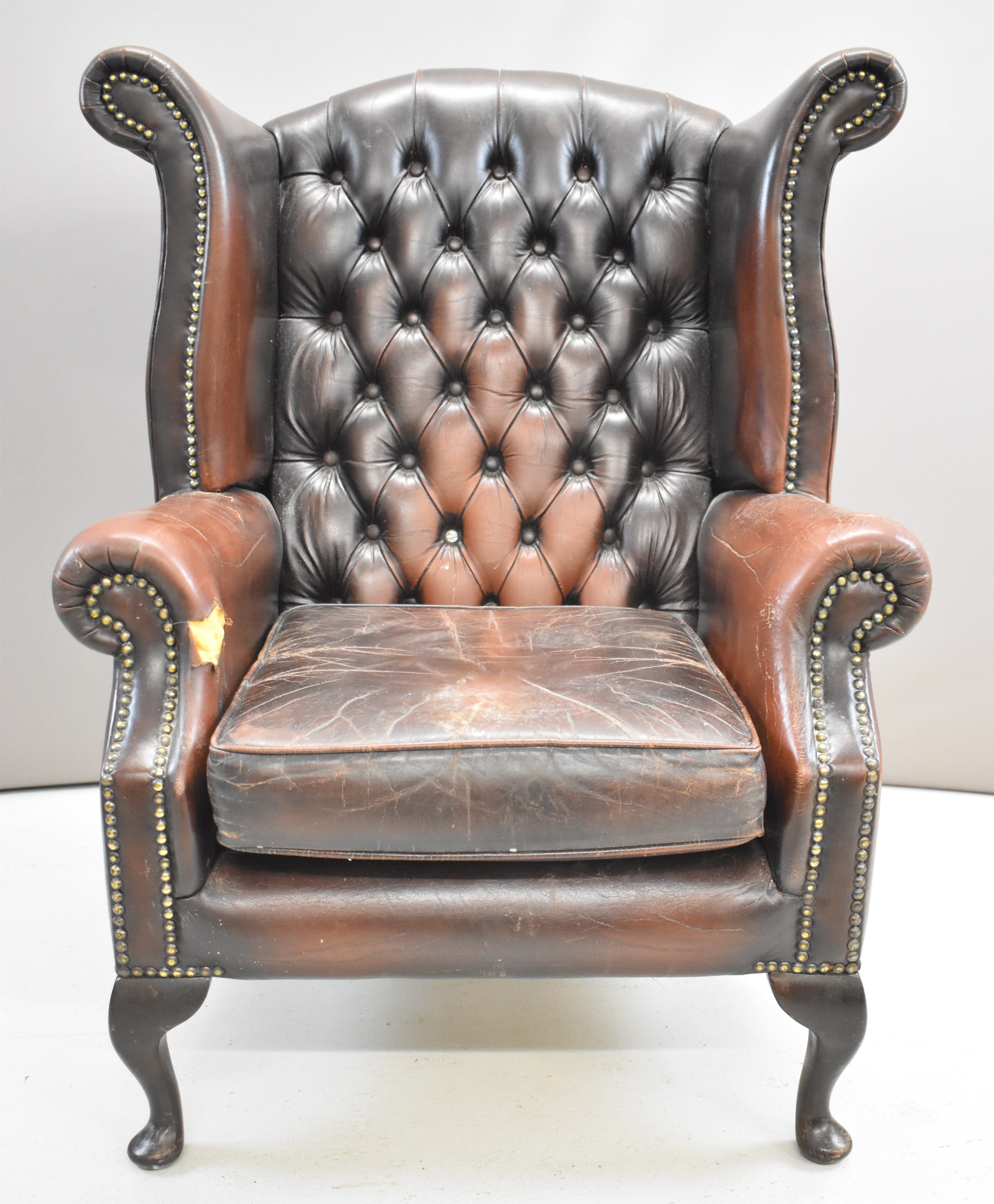 Brown leather Chesterfield wing back armchair raised on cabriole legs, height 105cm