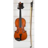 Unnamed 19th century violin with 35.5cm single piece back, in fitted case with bow